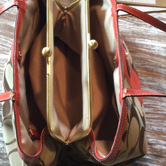 COACH handbag tan, brown canvas with tangerine leather accents - Picture 2 of 4